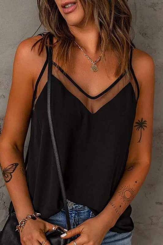 V Neck Sheer Mesh Patch Cami Top