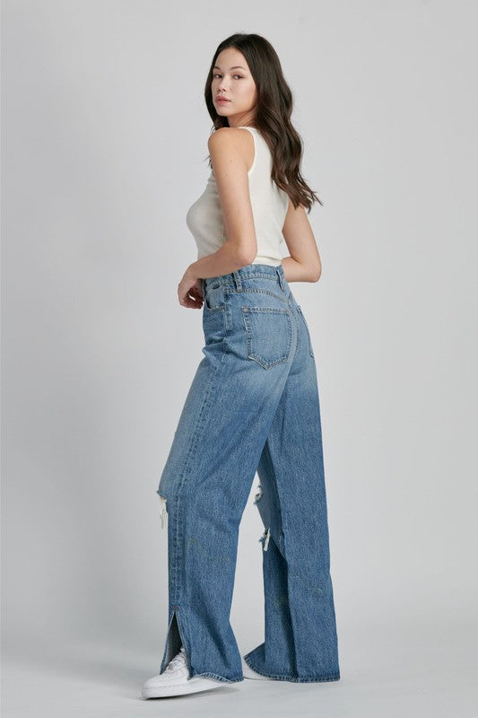 High Rise 90's Puddle Baggy Jean With Side Slit