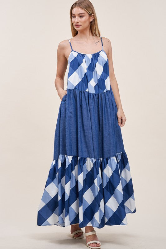 Denim Plaid Sleeveless Maxi Dress