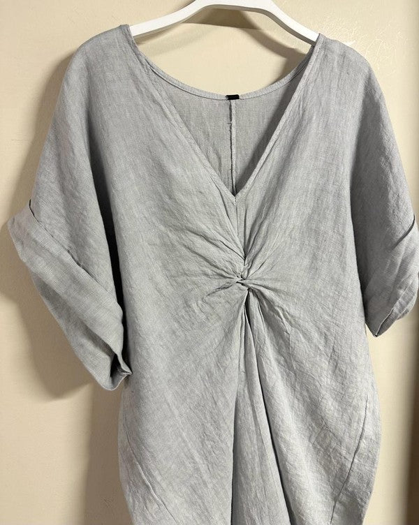 Front Twist Cuffed Short Sleeve Cotton Linen Dress