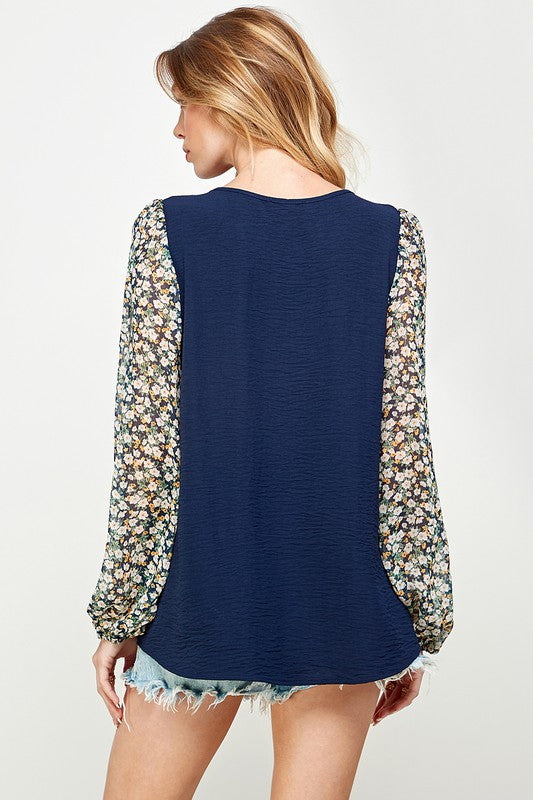 Top With Front Pleat Detail Contrast Sheer Floral Printed Sleeves