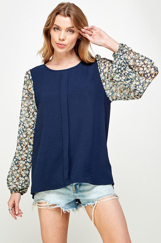 Top With Front Pleat Detail Contrast Sheer Floral Printed Sleeves