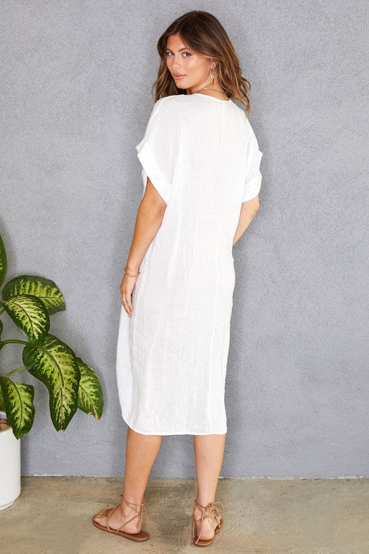 Front Twist Cuffed Short Sleeve Cotton Linen Dress