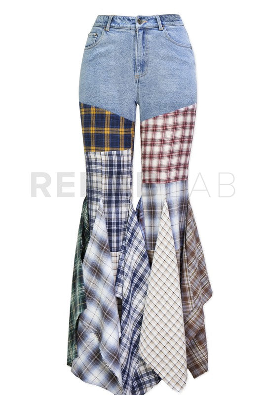 Plaid Patchwork Fit And Flared Denim Jeans