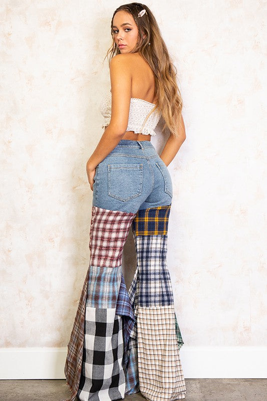 Plaid Patchwork Fit And Flared Denim Jeans