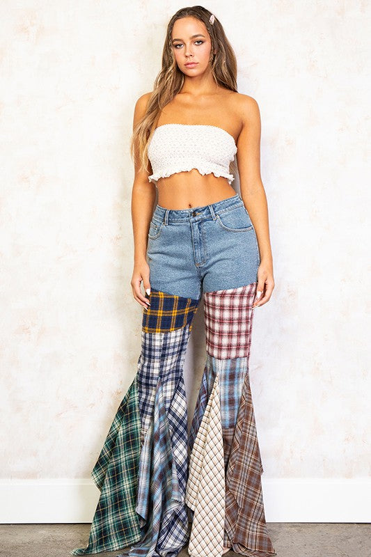 Plaid Patchwork Fit And Flared Denim Jeans