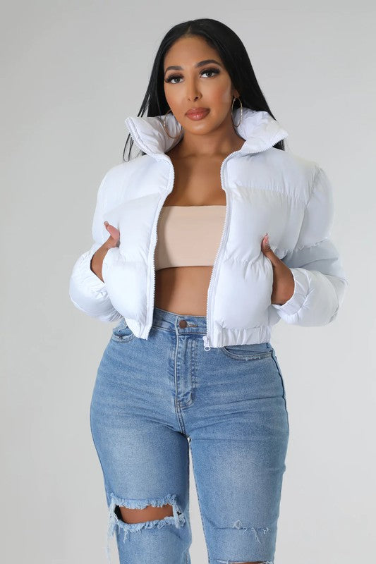 padded collar crop jacket with pocket