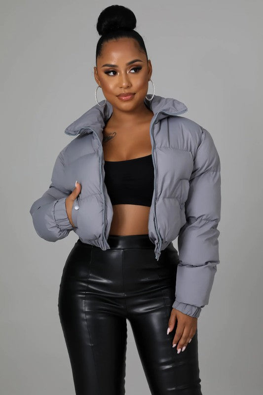 padded collar crop jacket with pocket