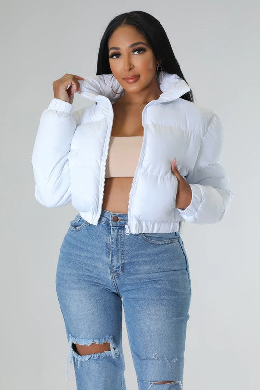 padded collar crop jacket with pocket