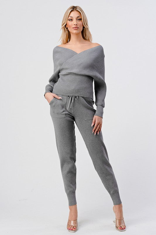 Crop V-Neck Sweater Style With Jogger Pants Set