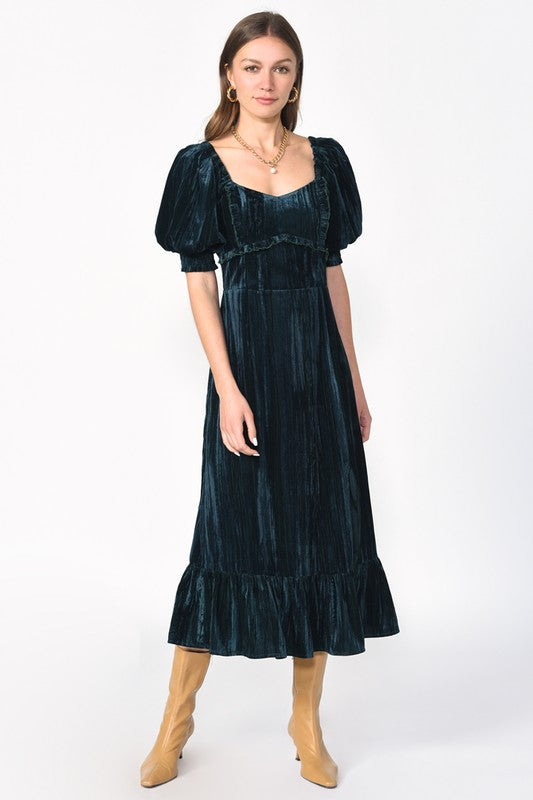 Kiani Textured Velvet Puff Sleeve Midi Dress
