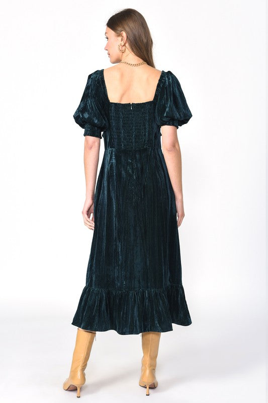 Kiani Textured Velvet Puff Sleeve Midi Dress