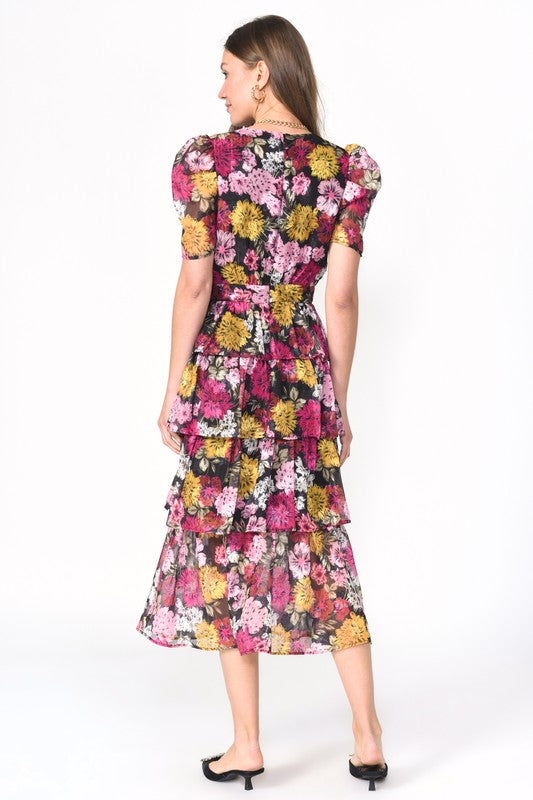 Eliza Tiered Puff Sleeve Midi Dress