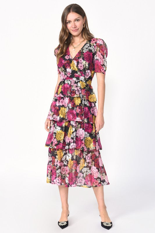 Eliza Tiered Puff Sleeve Midi Dress