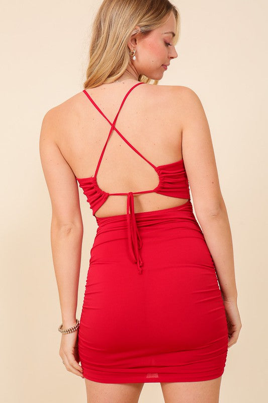 Holiday Bodycon Open Back Self Tie Red Dress