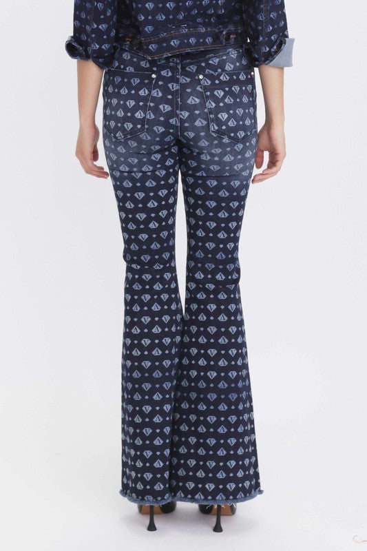 Low Rise W/Pu Waist Insert Printed Flare Jeans
