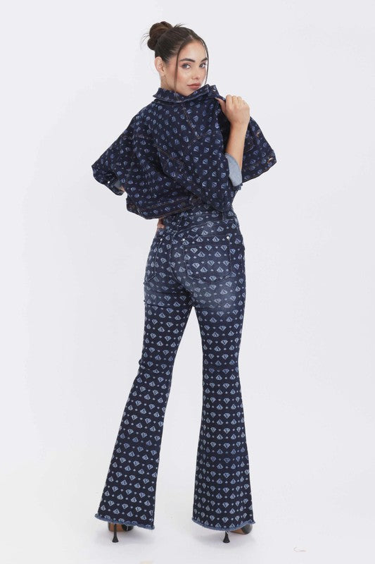 Low Rise W/Pu Waist Insert Printed Flare Jeans