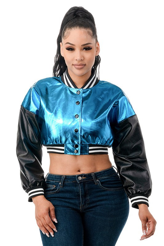 Shiny Metallic Vinyl Faux Leather Varsity Jacket