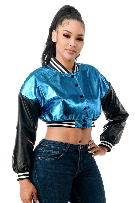 Shiny Metallic Vinyl Faux Leather Varsity Jacket