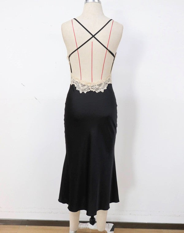 Lace Detail Crisscross Back Satin Midi Dress