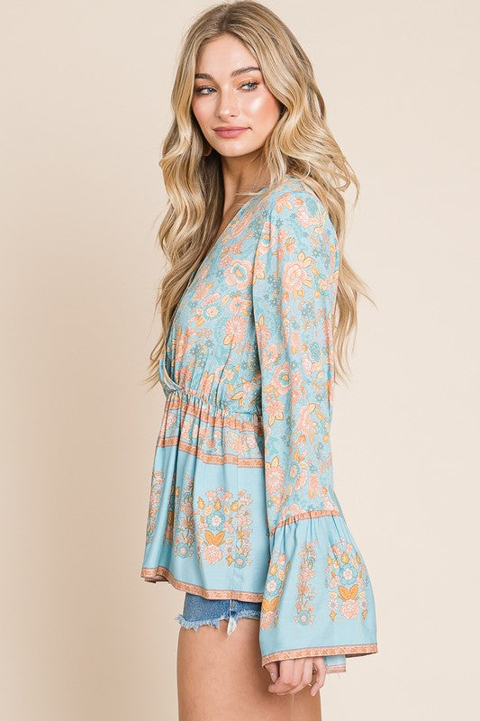 Floral Border Printed Surplice Babydoll Top