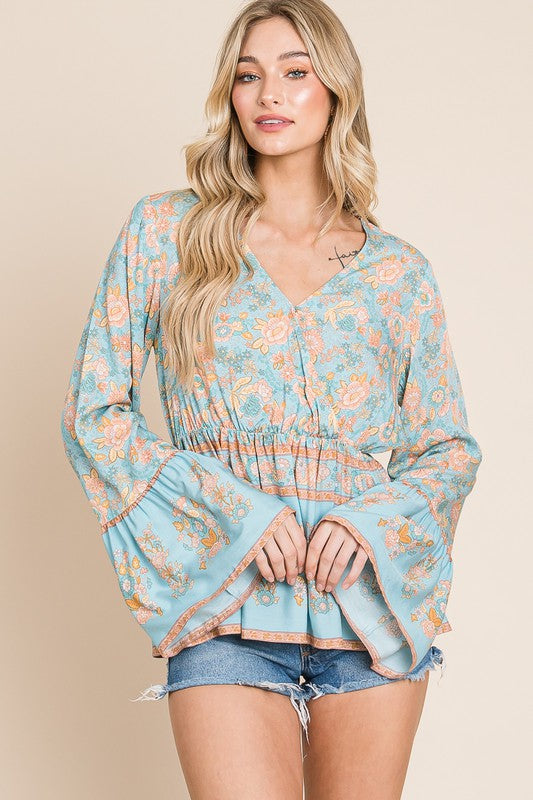 Floral Border Printed Surplice Babydoll Top