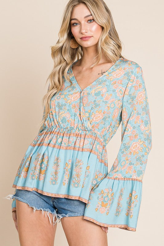Floral Border Printed Surplice Babydoll Top