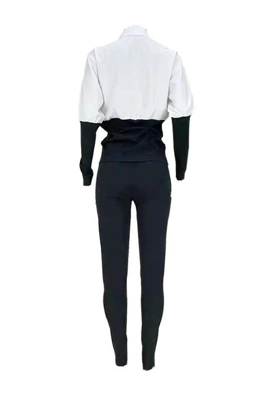 Colorblock Long Sleeve Buttoned Top Pants Set