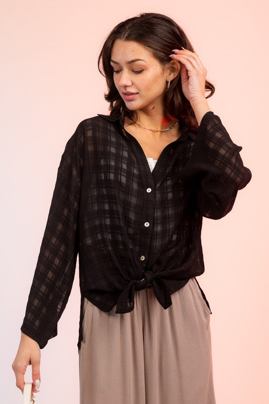 Long Sleeve Sheer Plaid Front Tie Blouse
