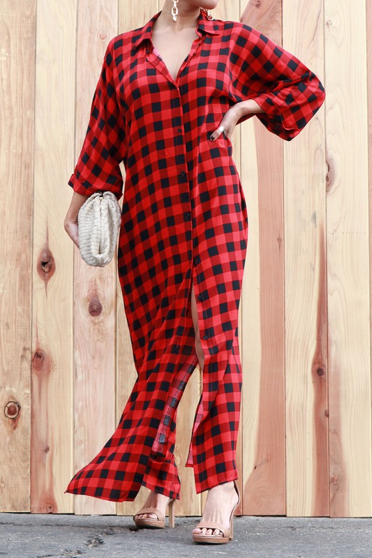 Plaid Woven Long Shirt Dress