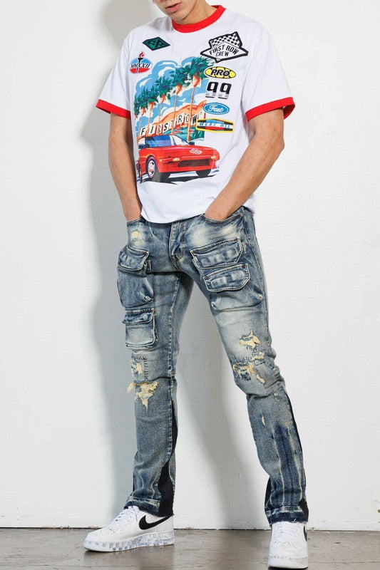 Multi Cargo W/Bottom Guset Slim Straight Denim