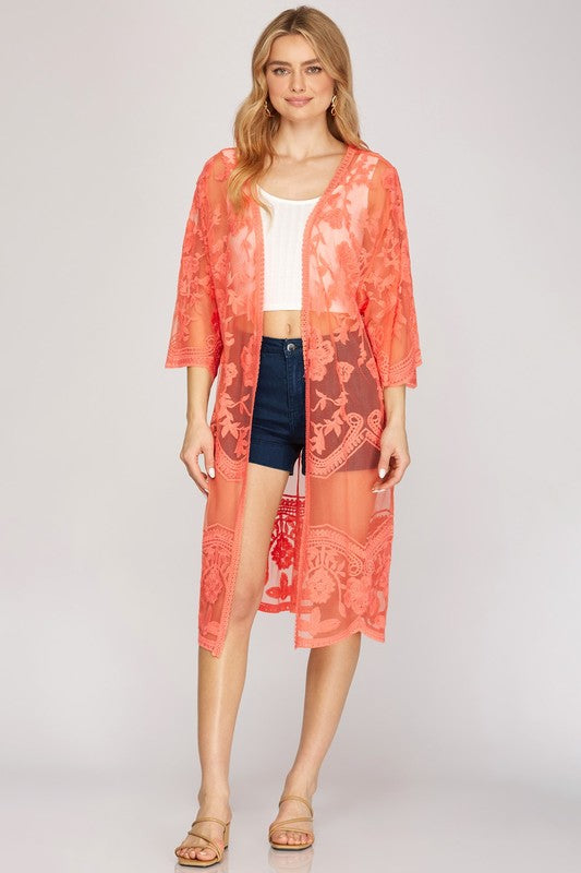 Half Sleeve Crochet Lace Midi Duster Cardigan