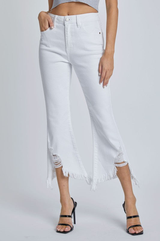 High Rise Crop Flare With Uneven Frayed Hem