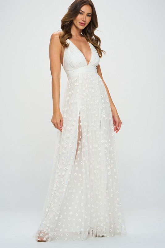 Mesh Floral Pleated Bust Maxi Dress
