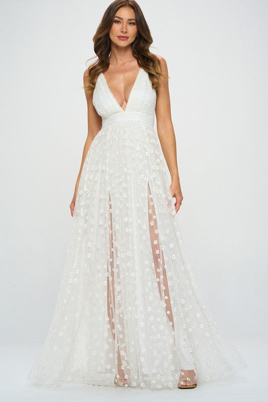 Mesh Floral Pleated Bust Maxi Dress