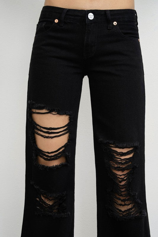Low Rise Distressed Wide Leg Jeans