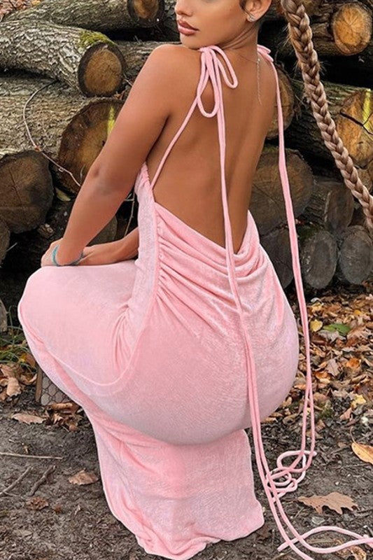 Ruched Backless Slim Fit Lace Up Long Maxi Dress