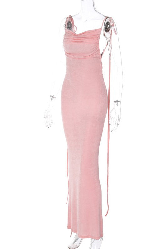 Ruched Backless Slim Fit Lace Up Long Maxi Dress