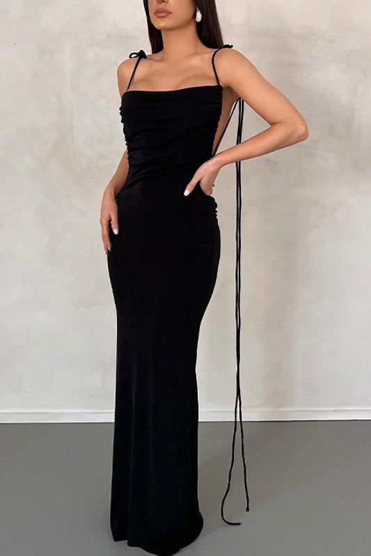 Ruched Backless Slim Fit Lace Up Long Maxi Dress