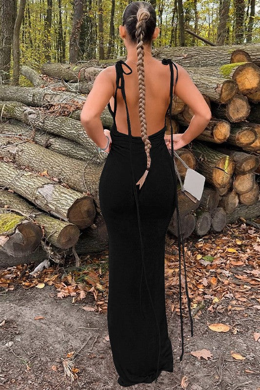 Ruched Backless Slim Fit Lace Up Long Maxi Dress