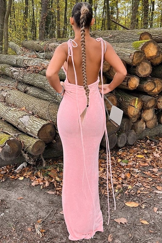 Ruched Backless Slim Fit Lace Up Long Maxi Dress