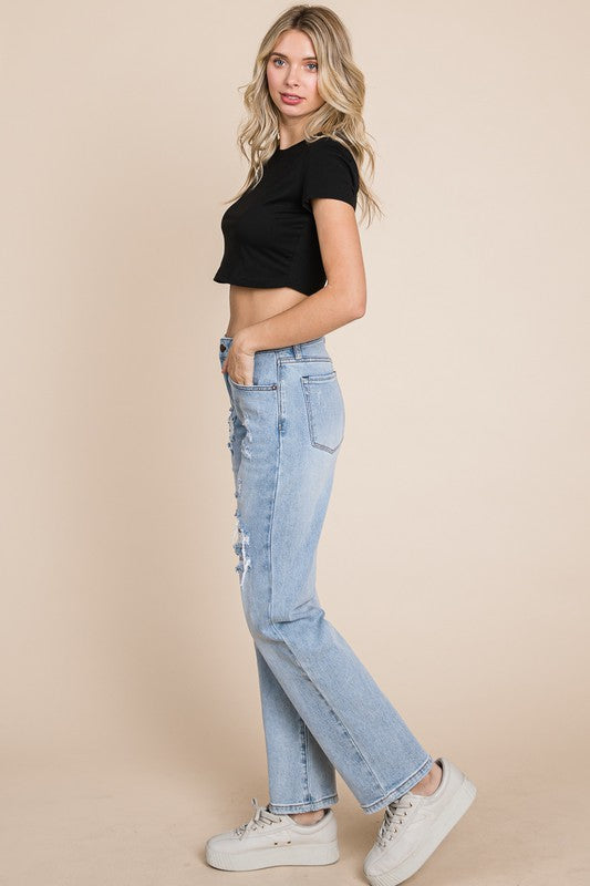 Mid Rise Distressed Straight Jeans
