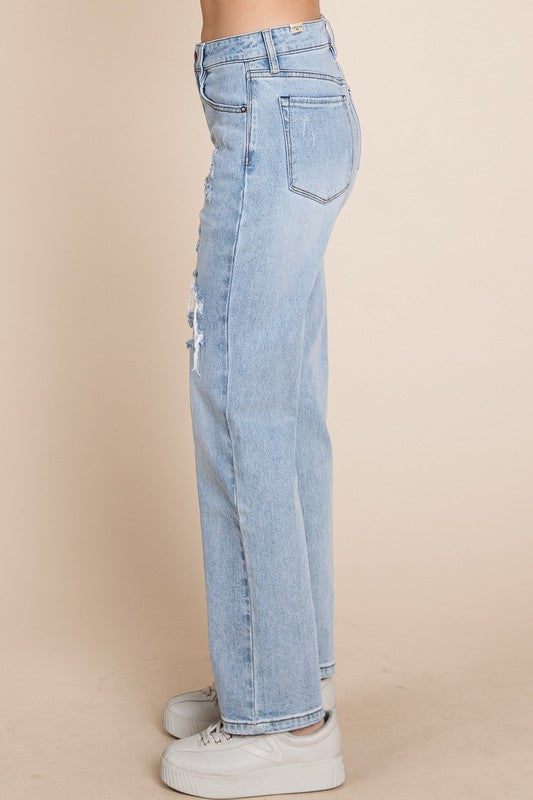 Mid Rise Distressed Straight Jeans