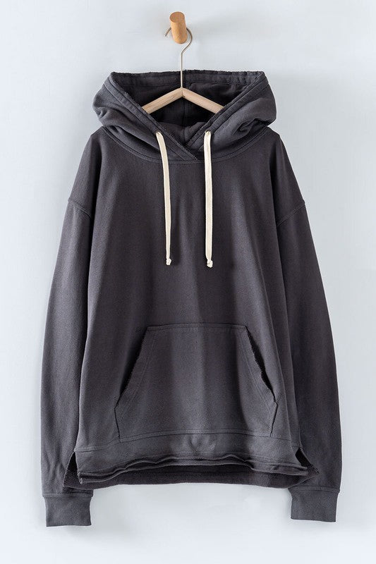 Oversized Distressed Hemline Front Pocket Hoodie