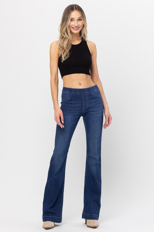 Curvy Dark Denim Pull On Flare