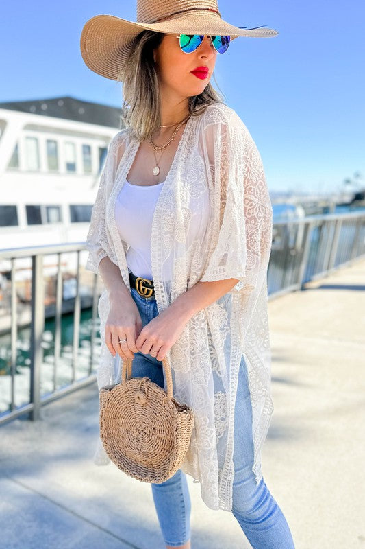 Floral Lace Sheer Dressy Kimono Cardigan Cover Up
