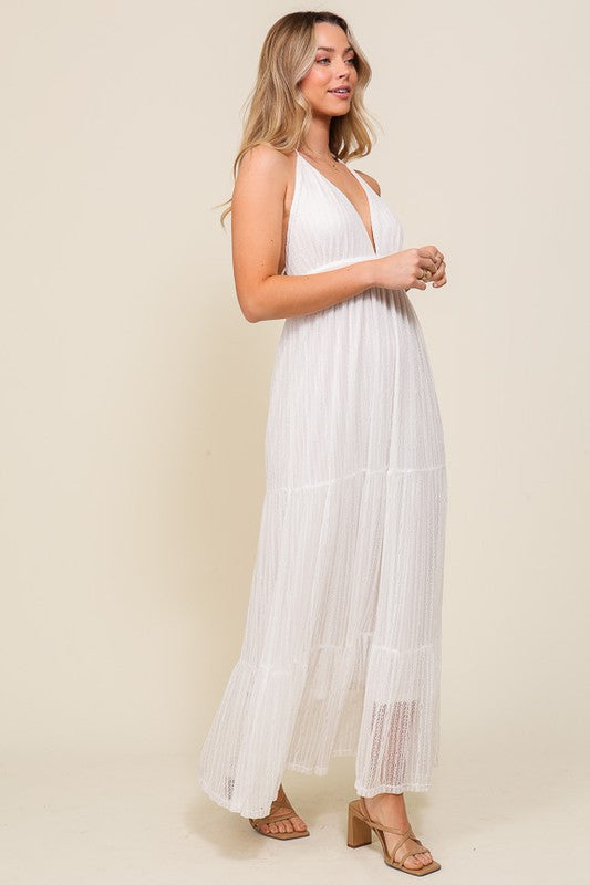 Boho Halter Tiered Lace Maxi Lined Dress