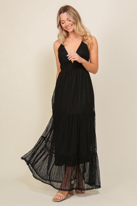 Boho Halter Tiered Lace Maxi Lined Dress