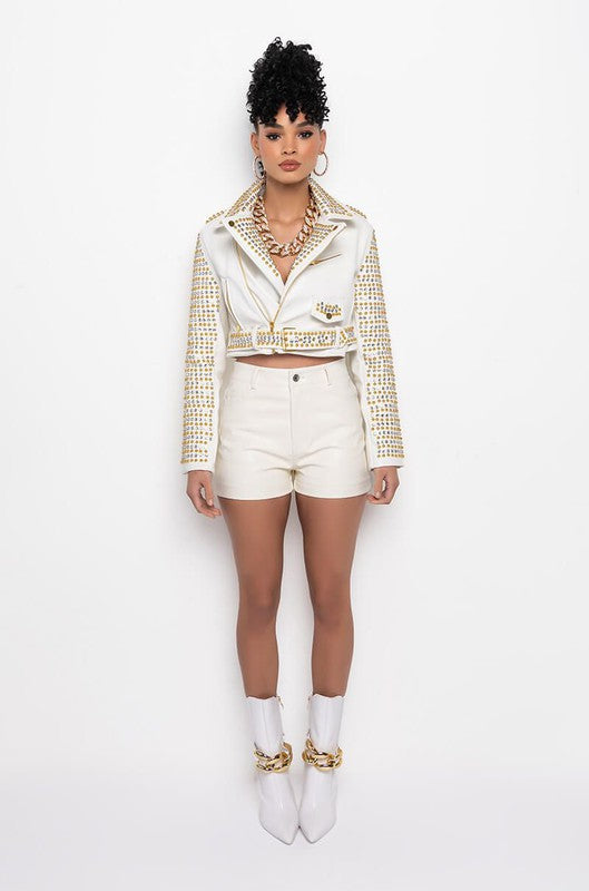 White Gold Stud Rhinestone Western Moto Jacket