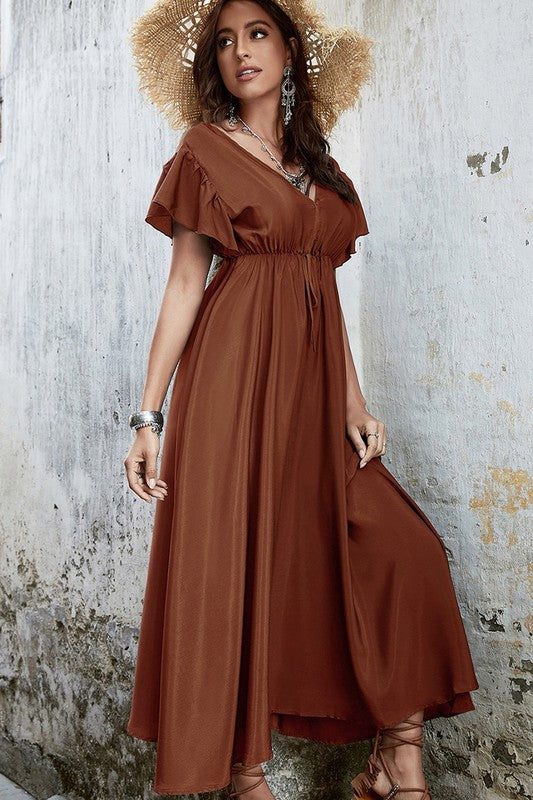 V Neck Ruffle Sleeves Deep Tied Back Dress